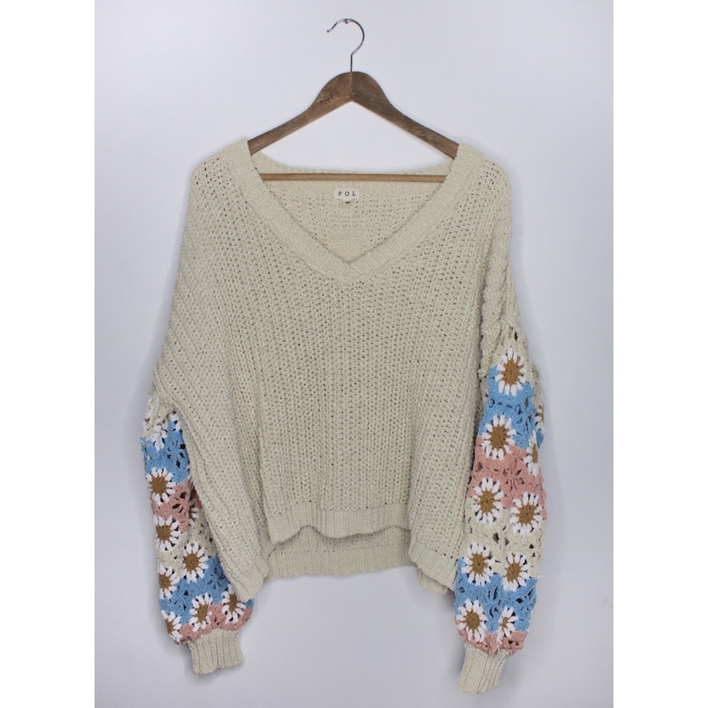 POL EUC Beige Chenille Oversized Granny Square Crochet Sleeves Sweater Medium - Picture 11 of 13